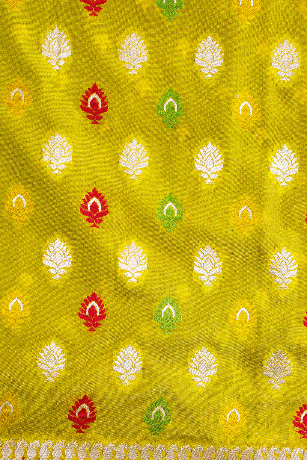 Yellow Banarasi Woven Katan Silk Saree with Pink Contrast Border