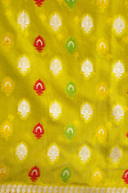 Yellow Banarasi Woven Katan Silk Saree with Pink Contrast Border