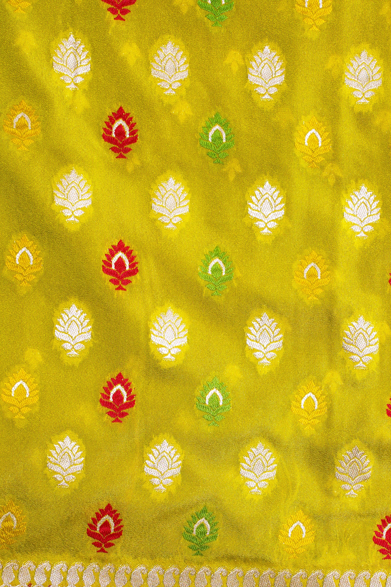 Yellow Banarasi Woven Katan Silk Saree with Pink Contrast Border