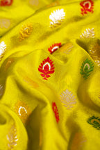 Yellow Banarasi Woven Katan Silk Saree with Pink Contrast Border