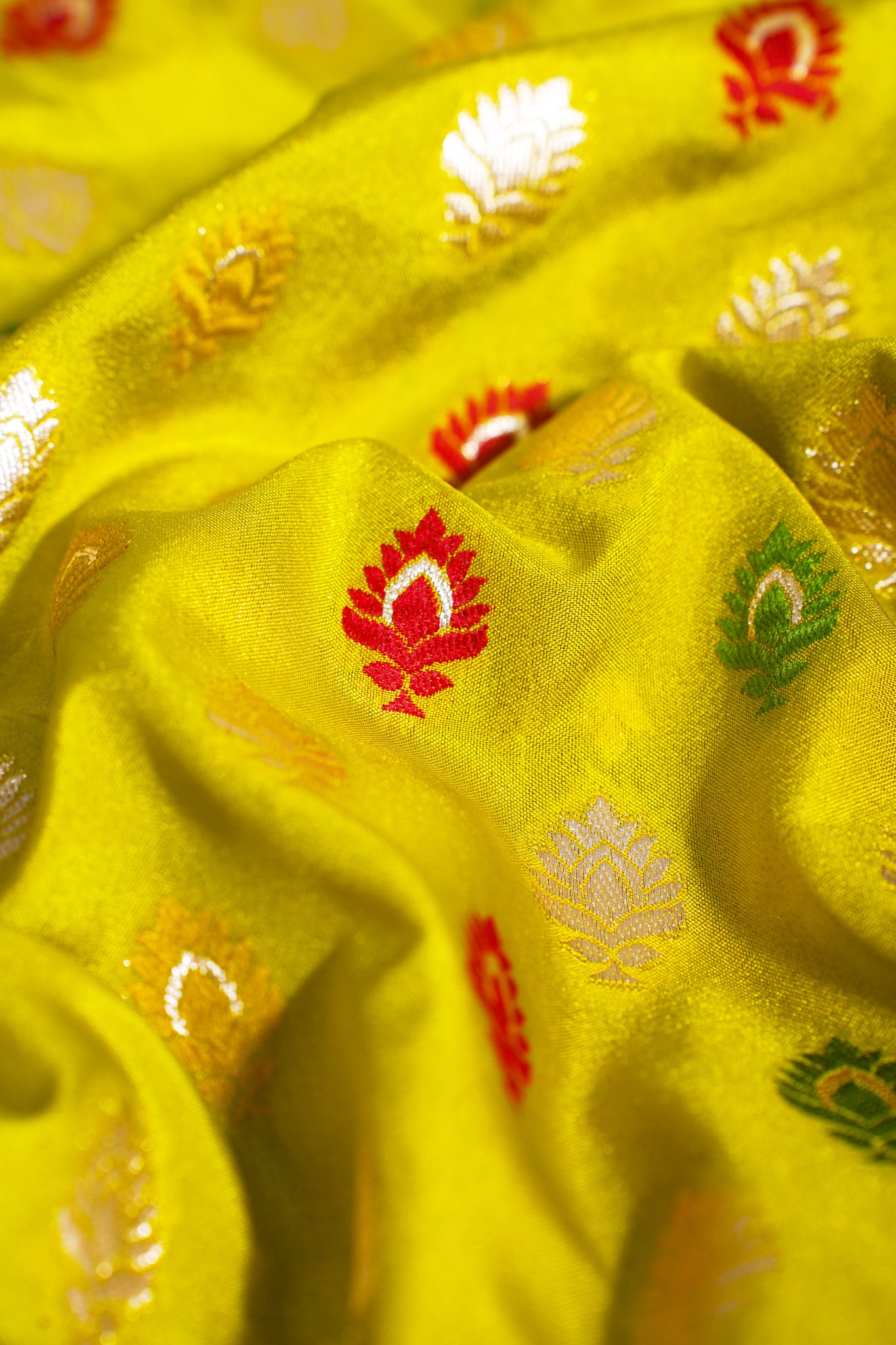 Yellow Banarasi Woven Katan Silk Saree with Pink Contrast Border