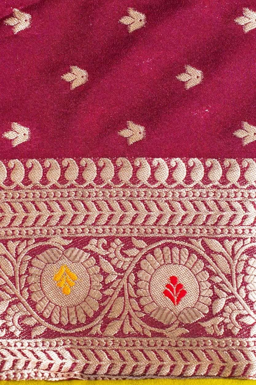 Yellow Banarasi Woven Katan Silk Saree with Pink Contrast Border