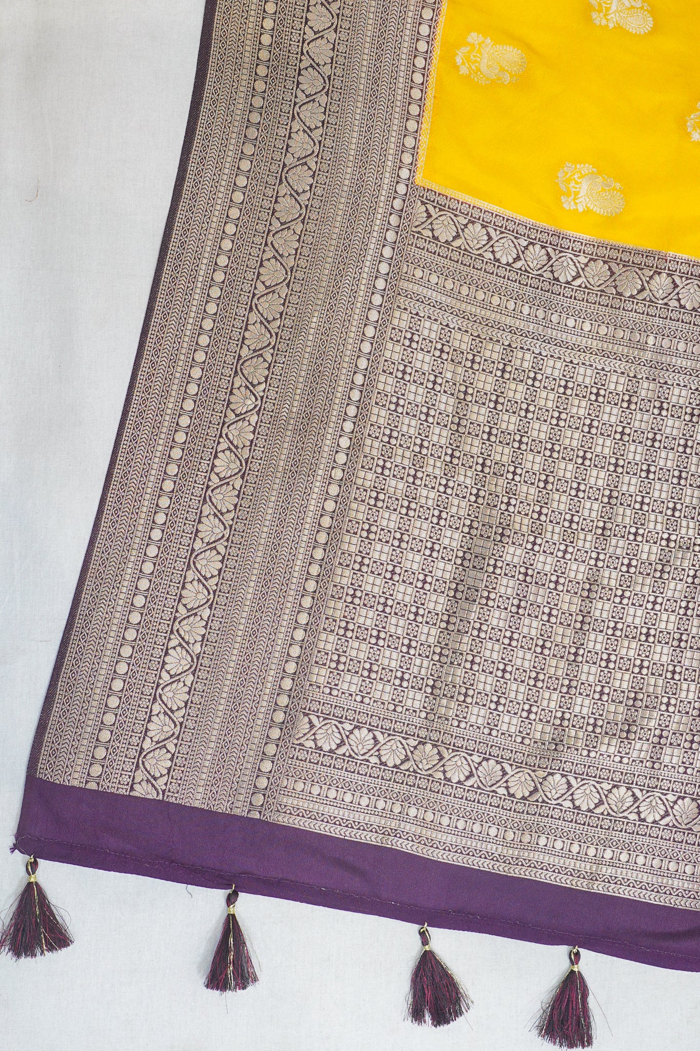 Yellow Viscose Georgette Saree with Purple Contrast Border