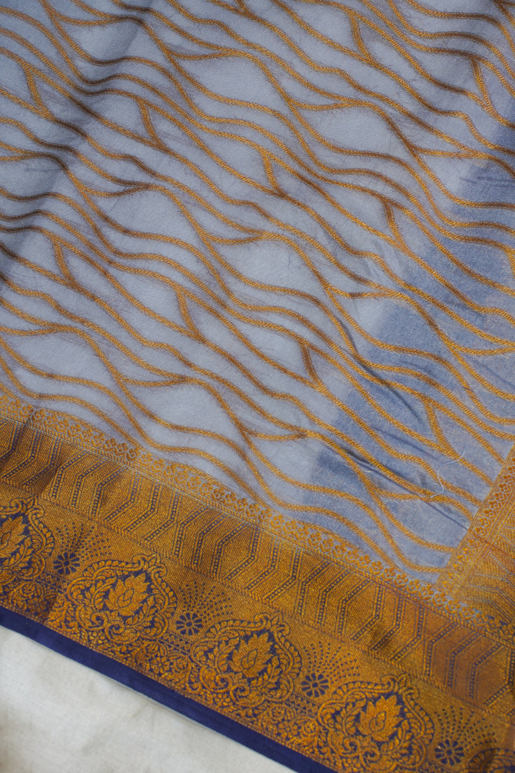 Dusty Blue Pure Chiniya Silk Saree with Wavy Line Pattern