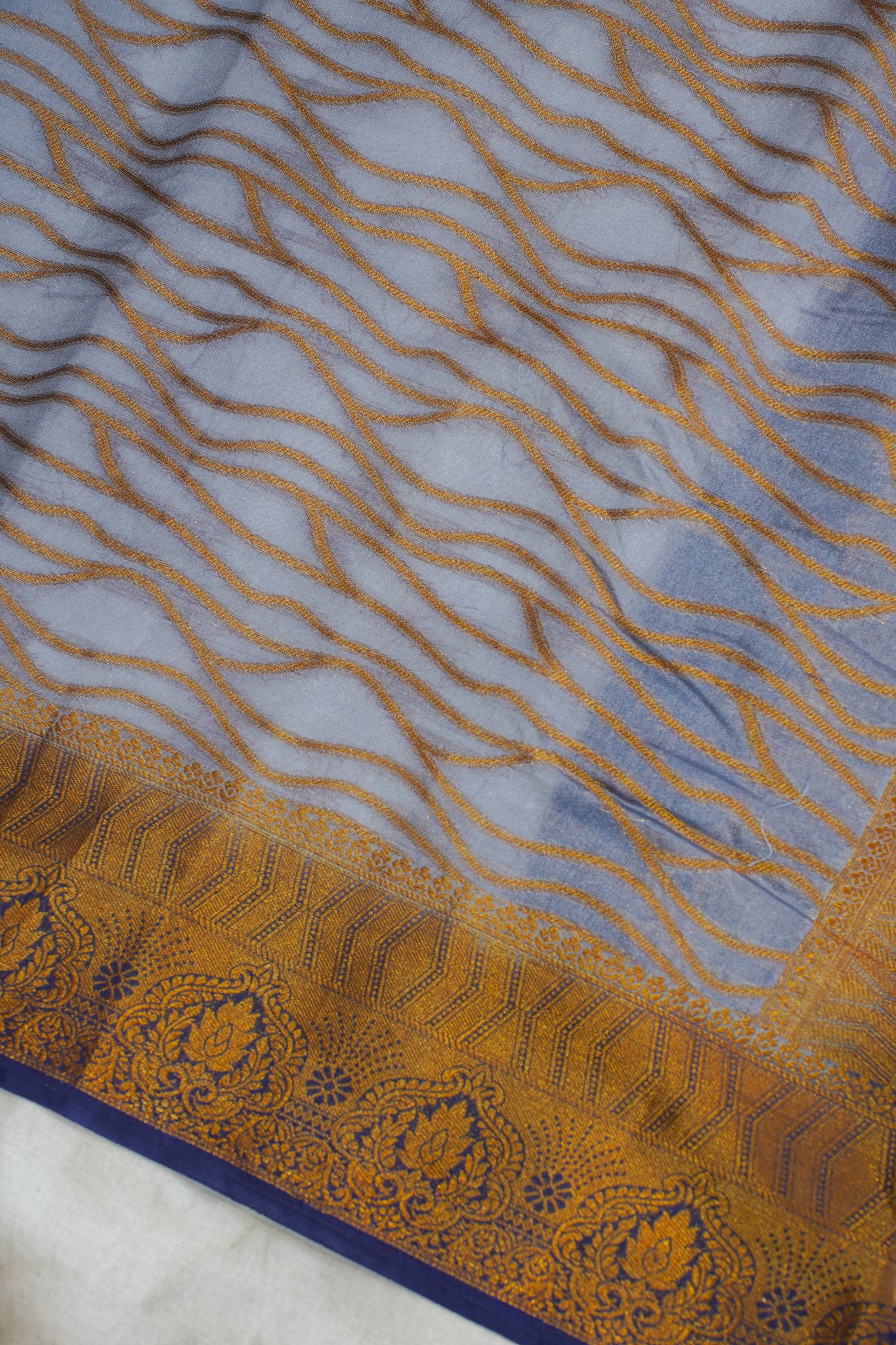 Dusty Blue Pure Chiniya Silk Saree with Wavy Line Pattern