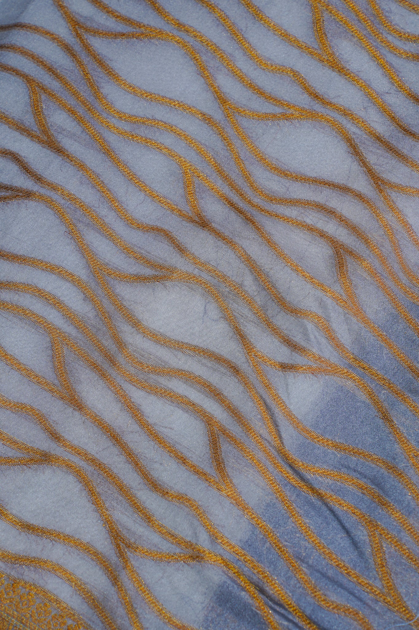 Dusty Blue Pure Chiniya Silk Saree with Wavy Line Pattern