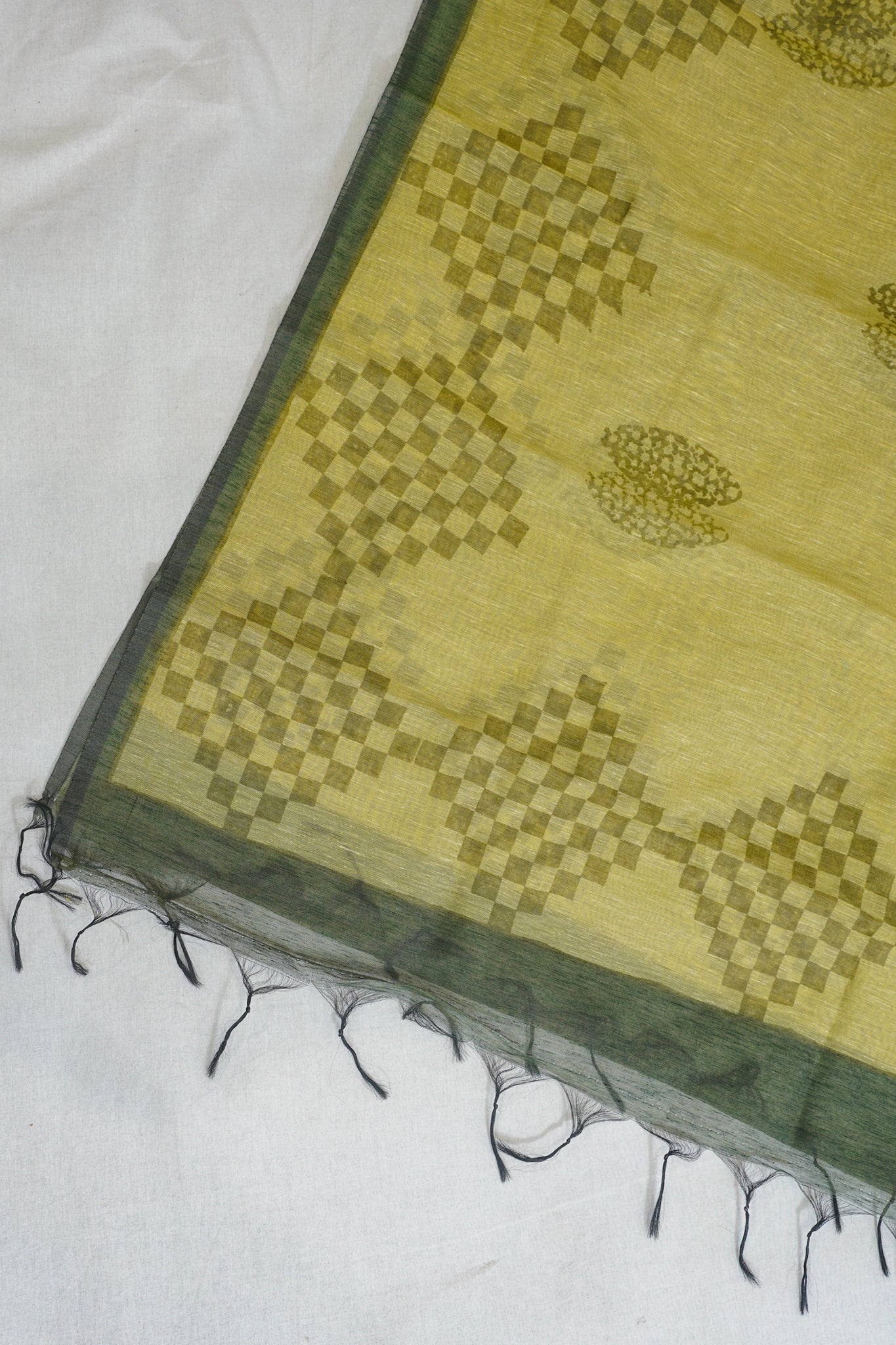 Olive Green Linen Cotton Suit Set with Plock Print