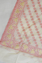 White Pure Cotton With Pink Floral Weaven Motifs