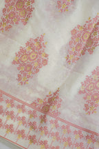 White Pure Cotton With Pink Floral Weaven Motifs