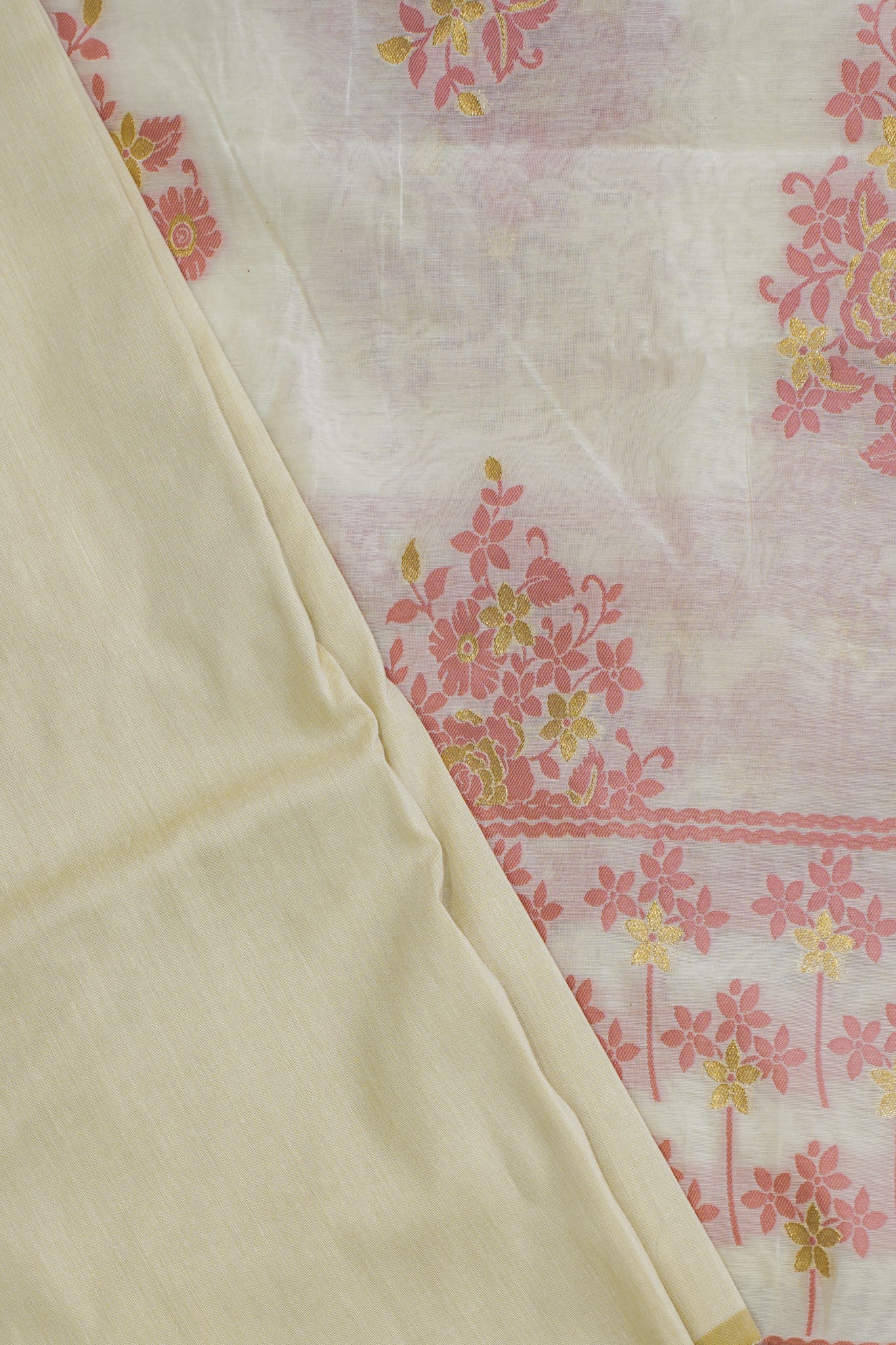White Pure Cotton With Pink Floral Weaven Motifs