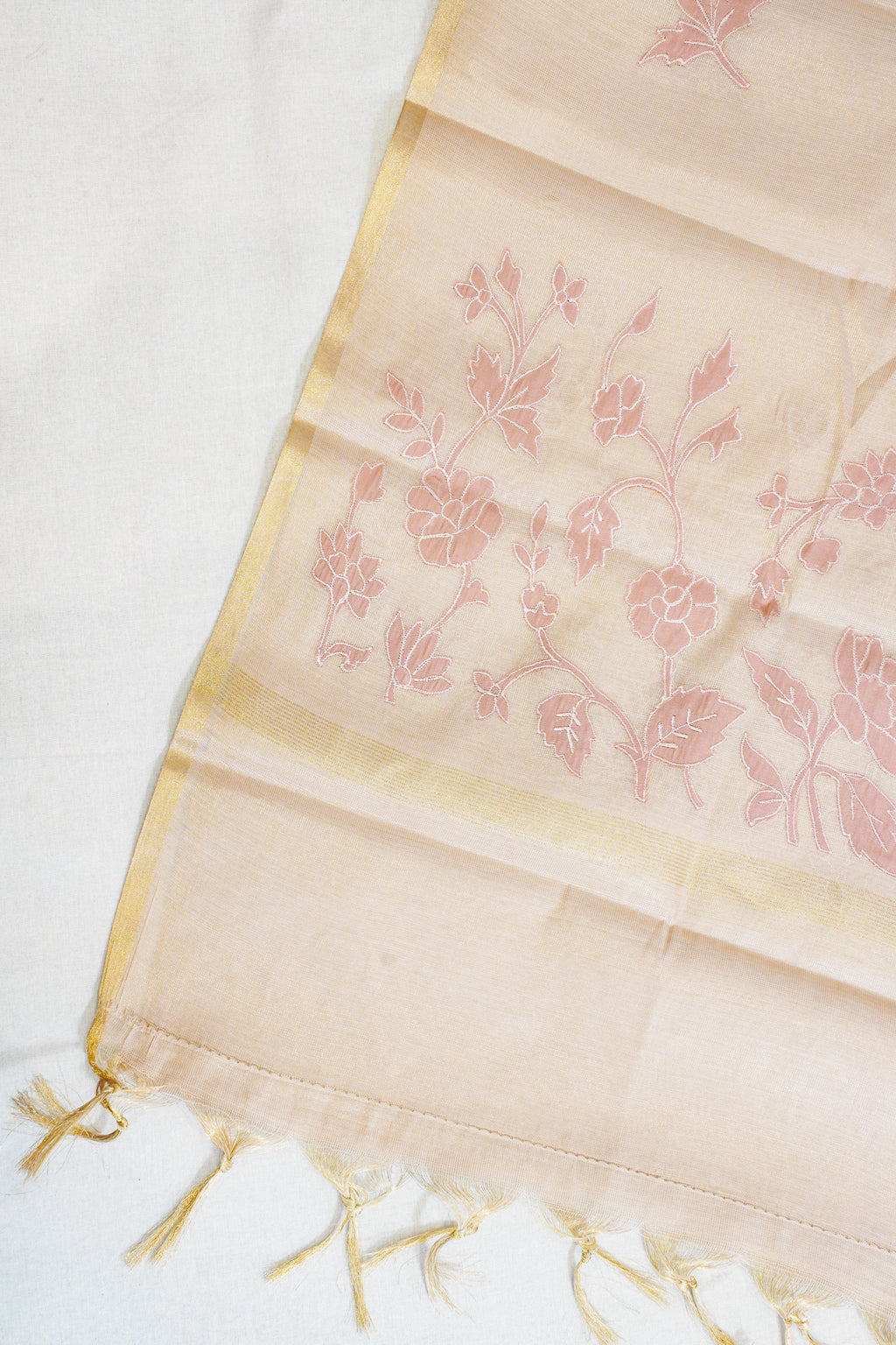Pastel Pink Linen Tissue Suit Set with Applique Work