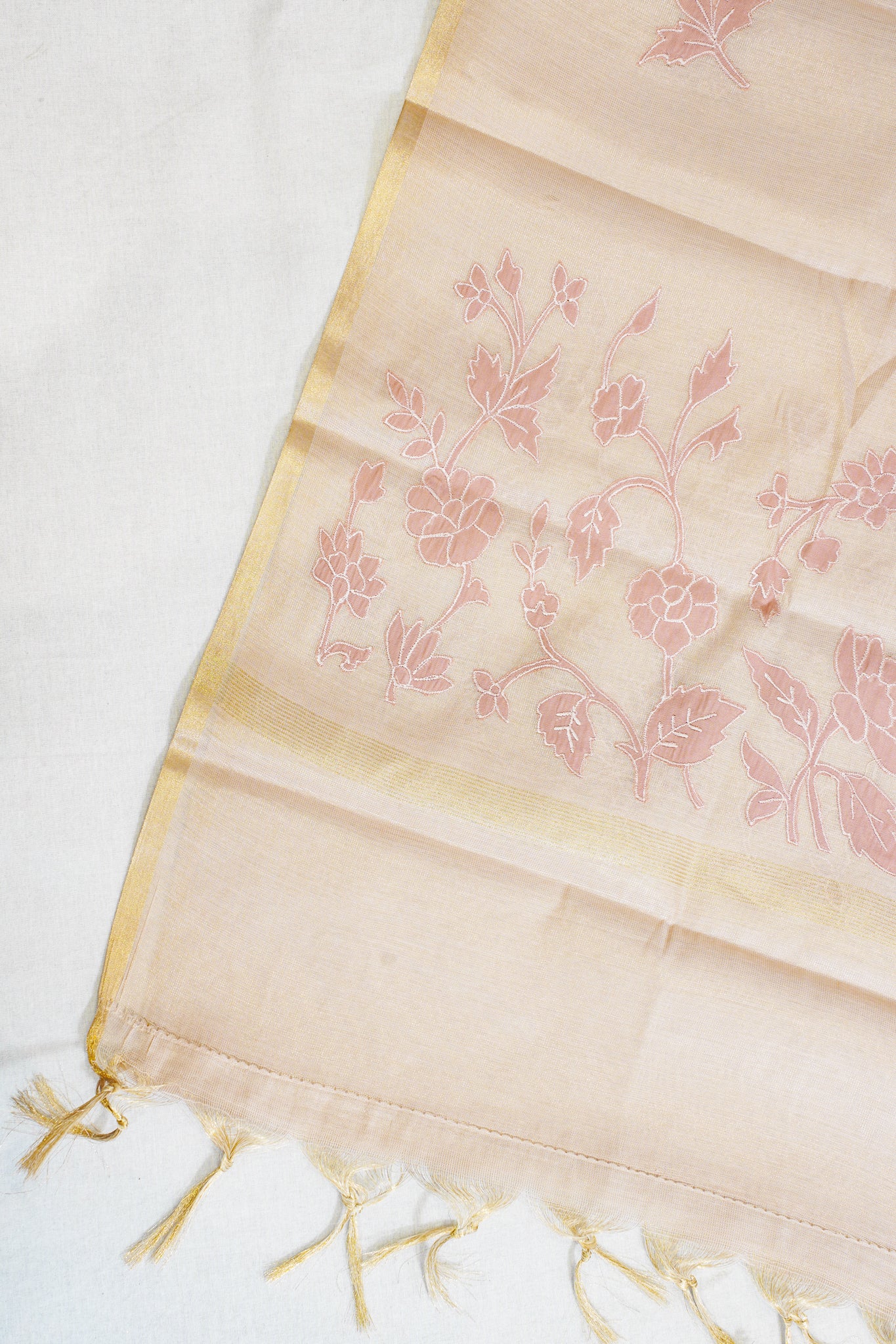 Pastel Pink Linen Tissue Suit Set with Applique Work