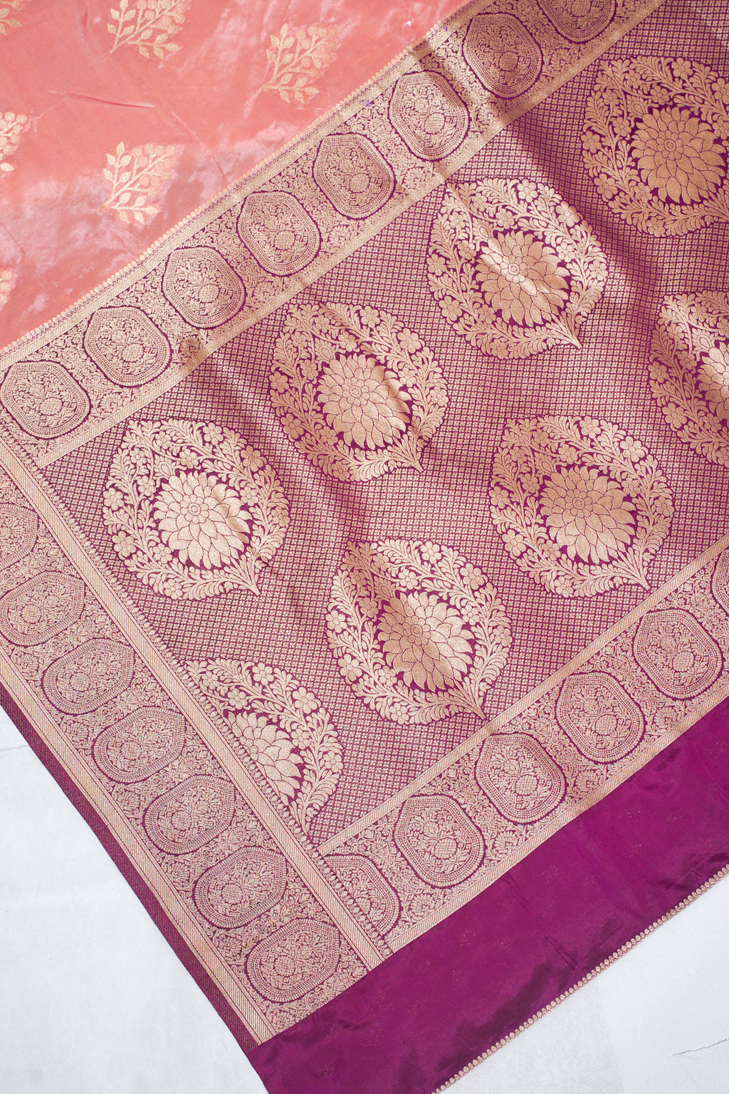Pink Banarasi Woven Katan Silk Saree with Purple Contrast Border