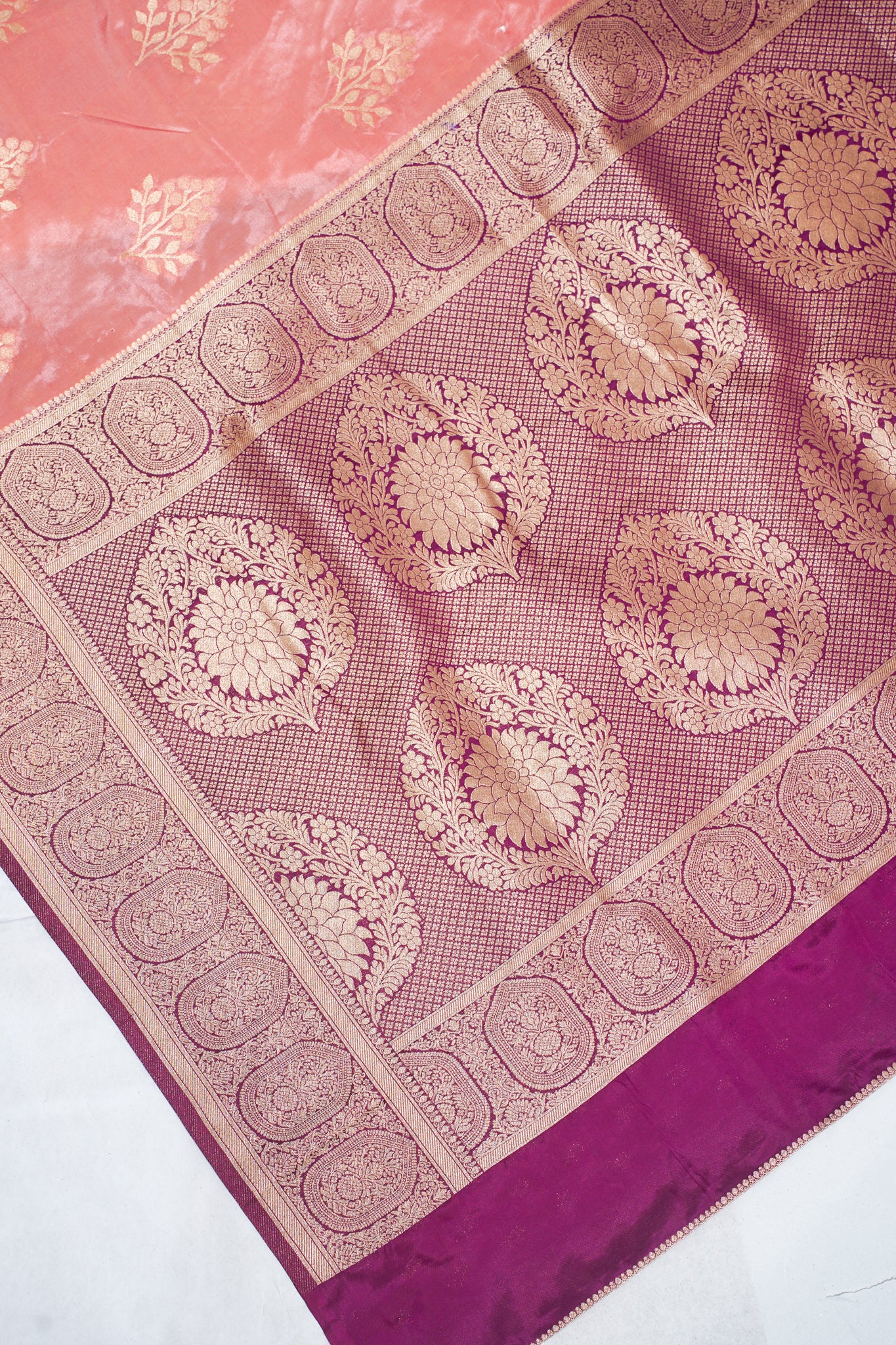 Pink Banarasi Woven Katan Silk Saree with Purple Contrast Border