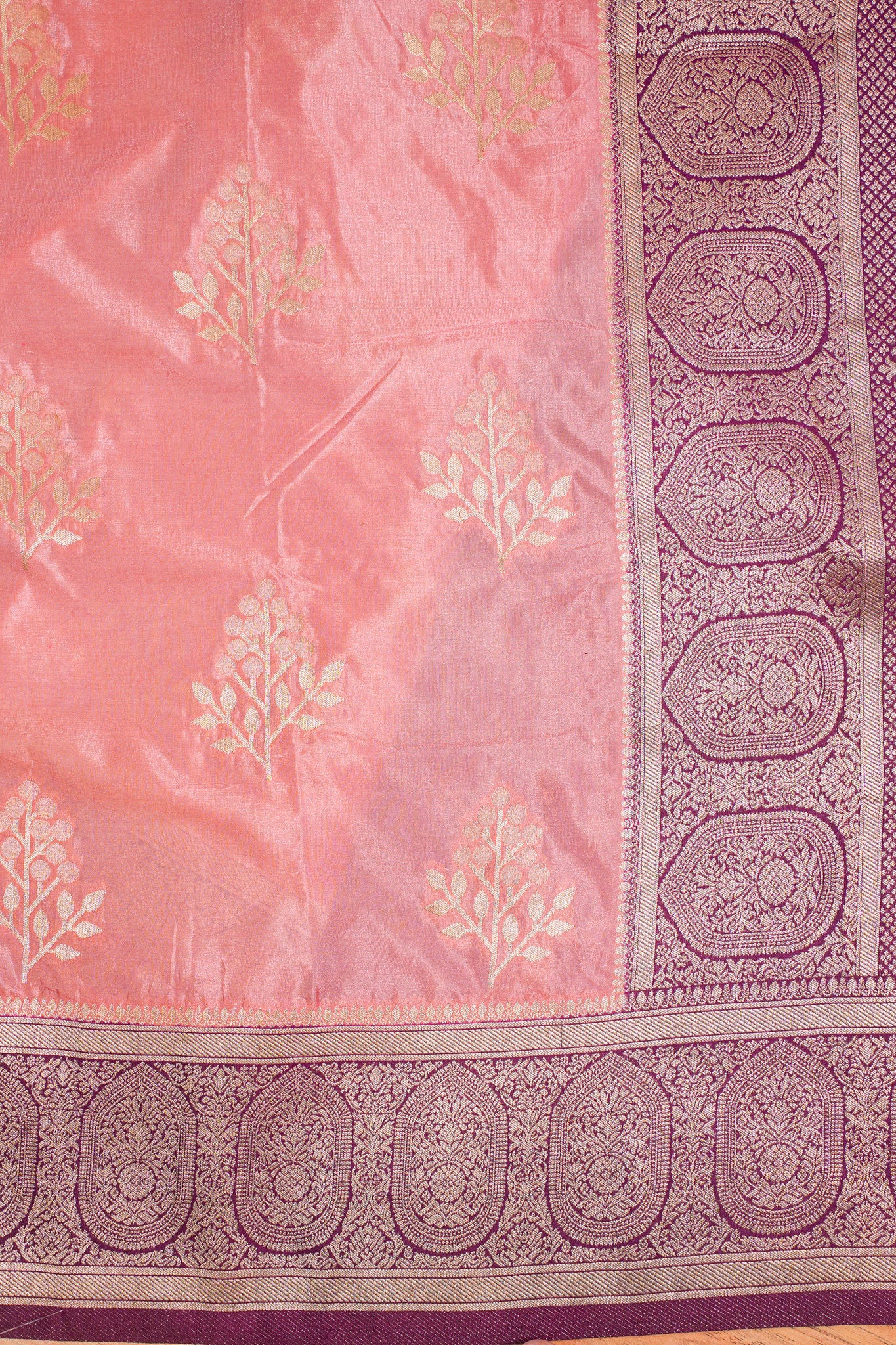 Pink Banarasi Woven Katan Silk Saree with Purple Contrast Border