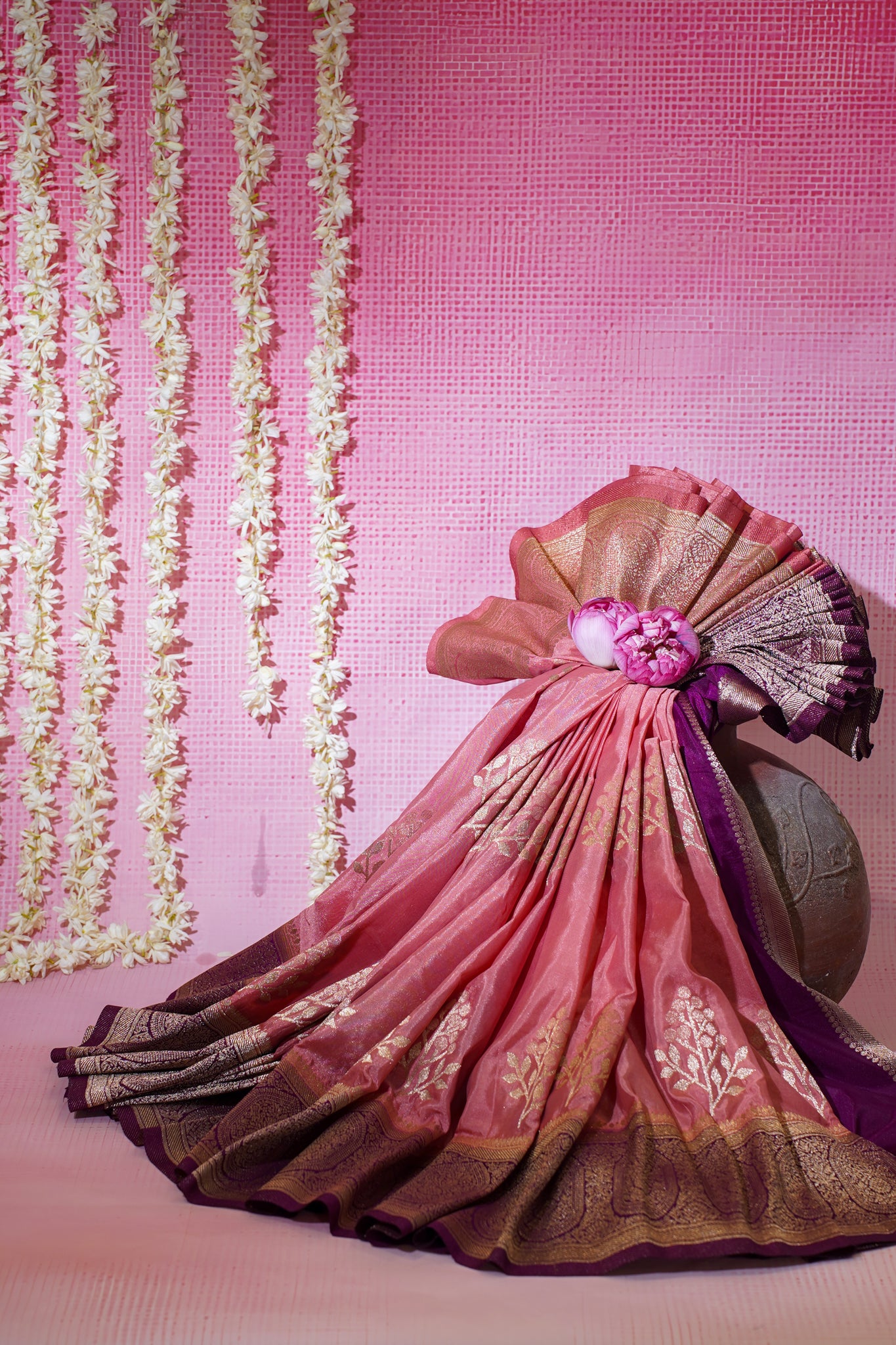 Pink Banarasi Woven Katan Silk Saree with Purple Contrast Border