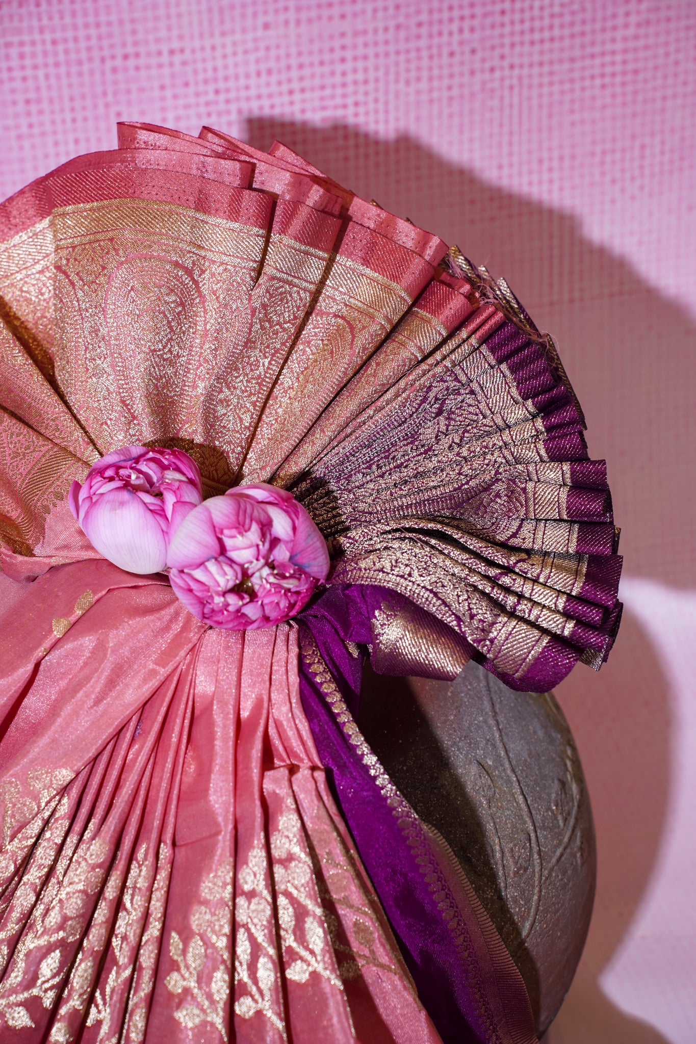 Pink Banarasi Woven Katan Silk Saree with Purple Contrast Border