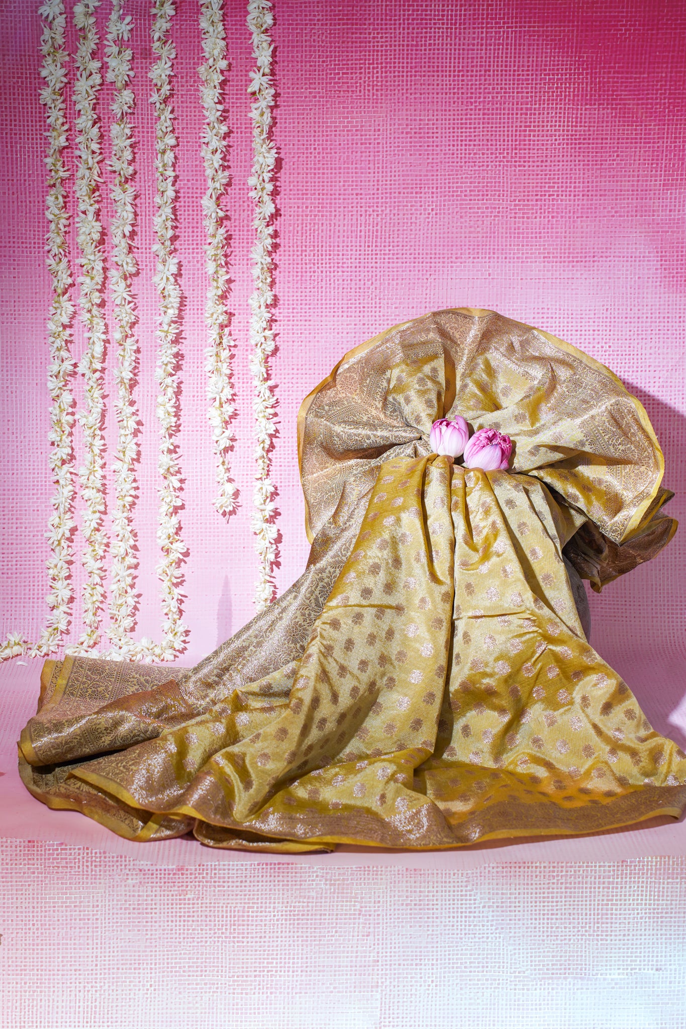 Yellow Semi Chiniya Saree with Antique Zari Weaving