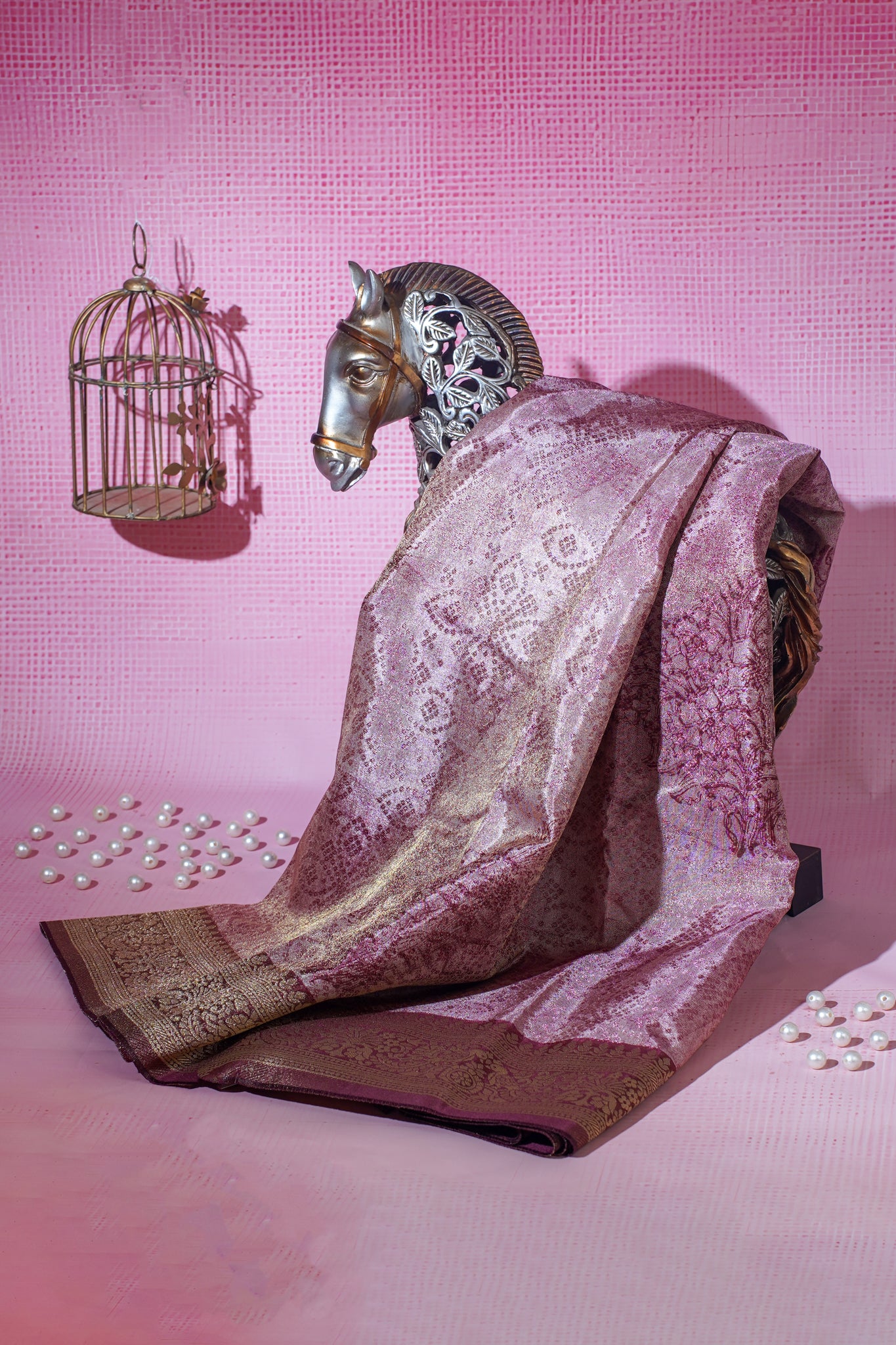 Pink Satin Bandhani Tanchoi Saree with Kalamkari Block Print