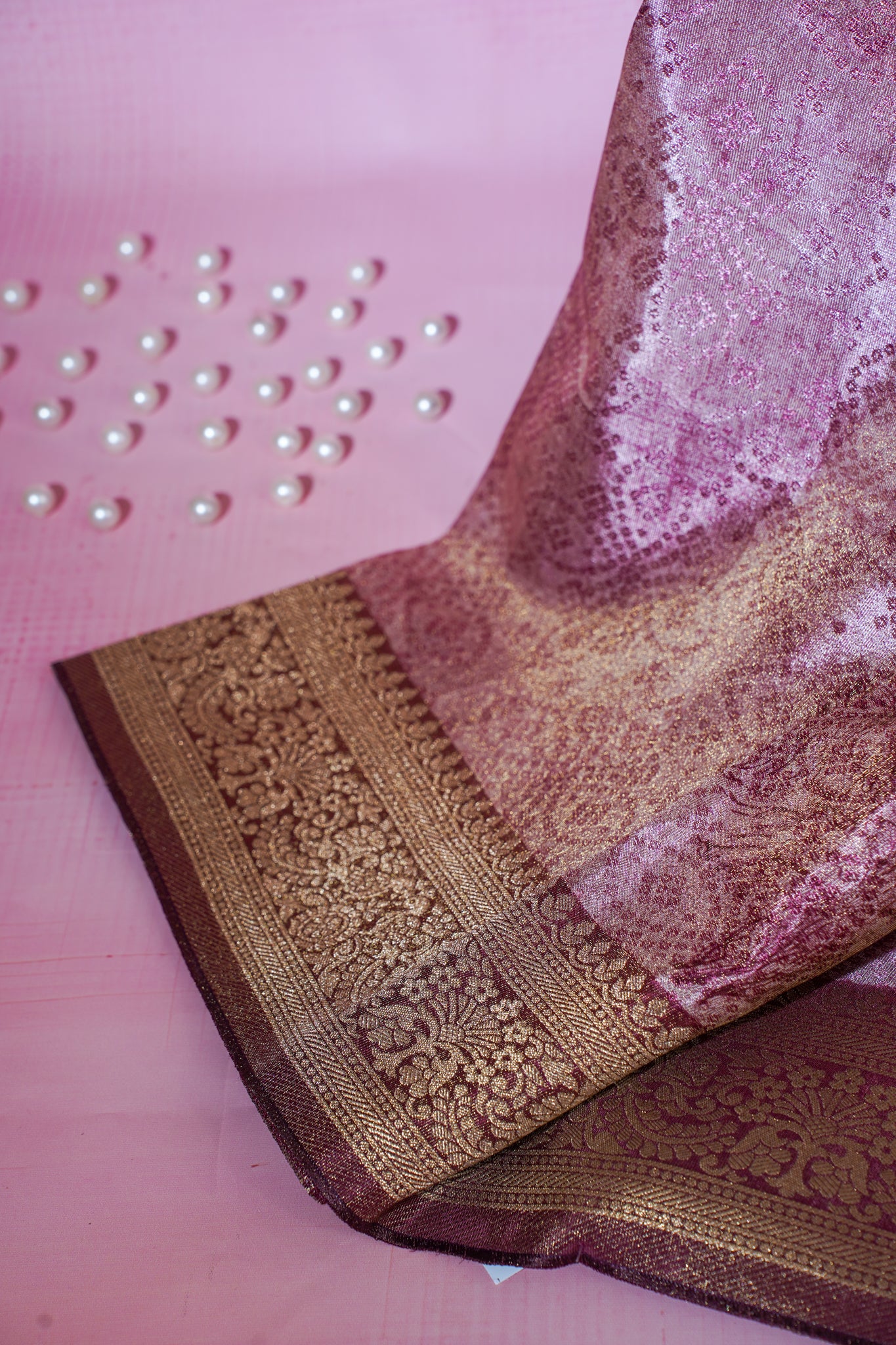 Pink Satin Bandhani Tanchoi Saree with Kalamkari Block Print