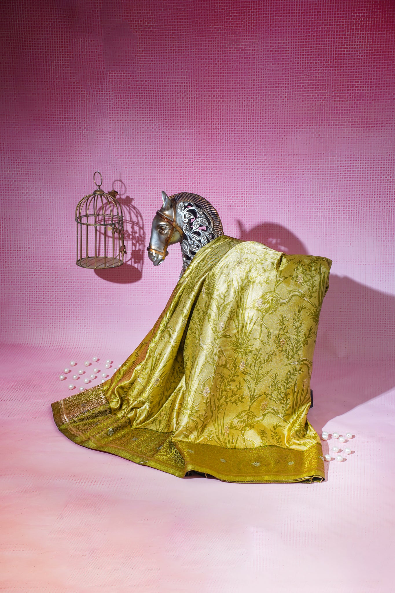Gold Mushroo Silk Saree with Kalamkari Print & Intricate Patterns