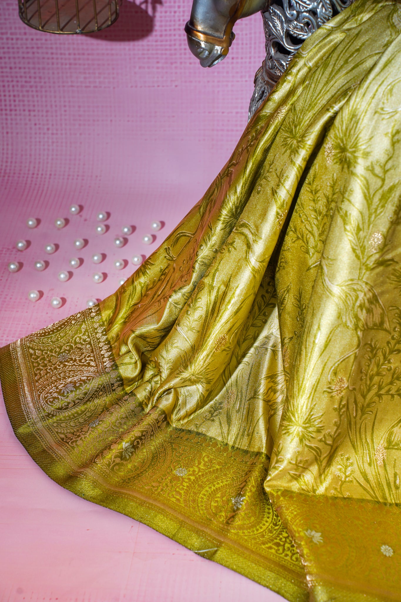 Gold Mushroo Silk Saree with Kalamkari Print & Intricate Patterns