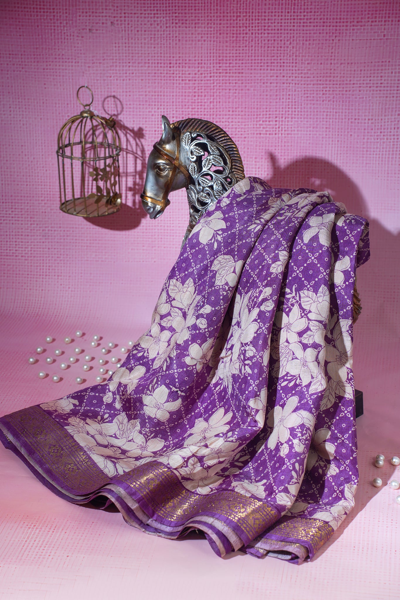 Purple Muga Silk Kalamkari Print Fancy Saree