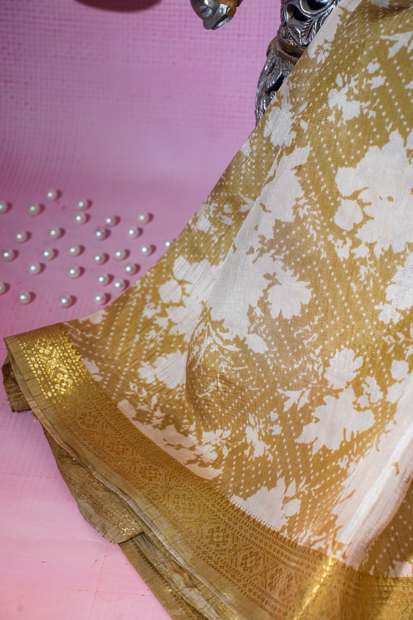 Mustard Yellow Muga Silk Kalamkari Print Fancy Saree