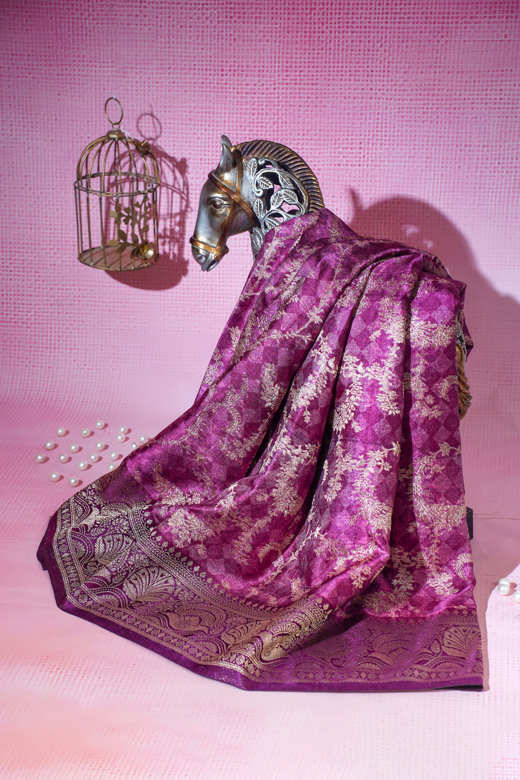 Pink Mushroo Silk Saree with Kalamkari Print (Floral & Bird Patterns)
