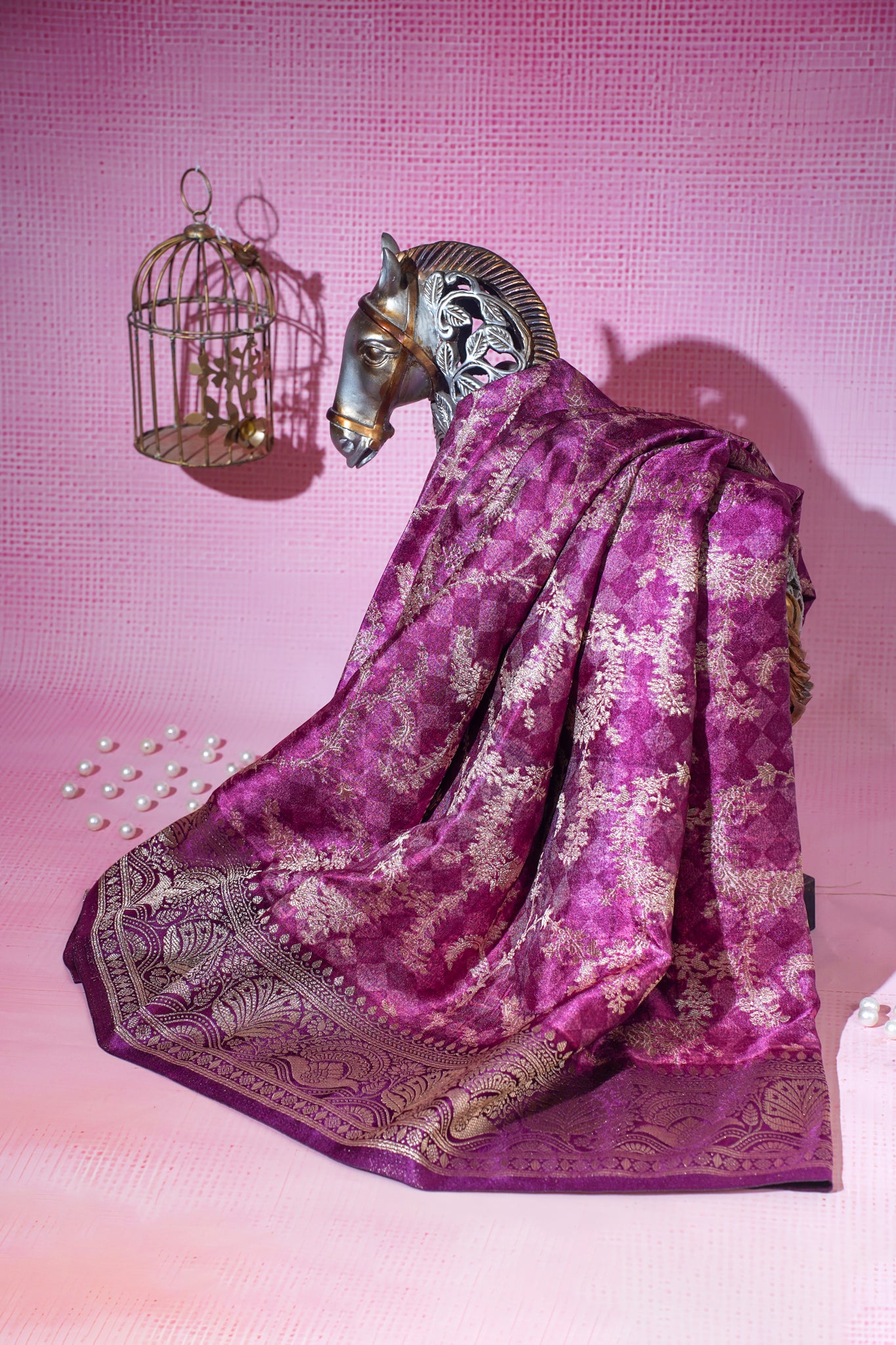 Pink Mushroo Silk Saree with Kalamkari Print (Floral & Bird Patterns)