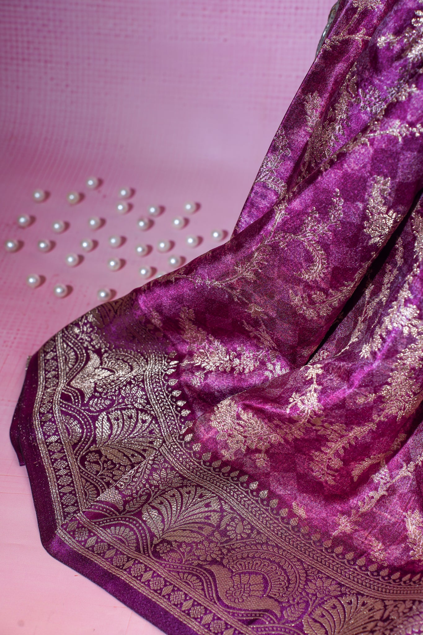 Pink Mushroo Silk Saree with Kalamkari Print (Floral & Bird Patterns)