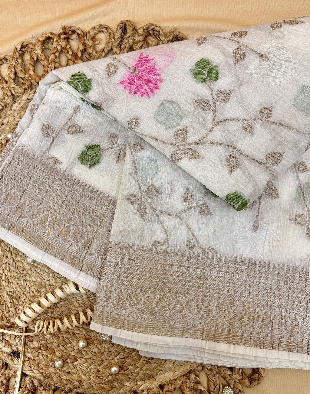Off White Pure Mercerised Cotton Saree with Crush Texture