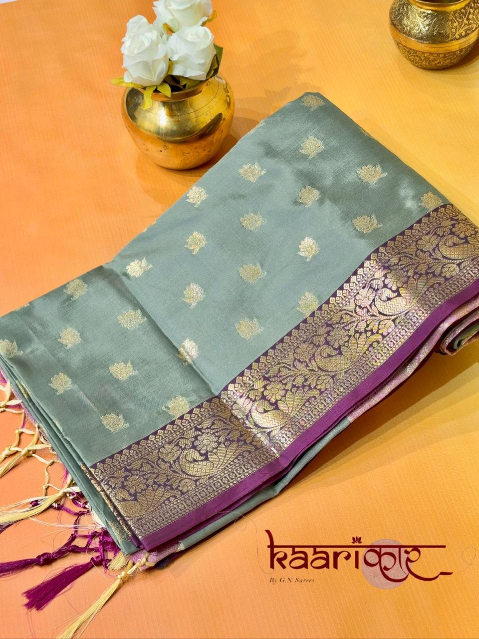 Katan Silk Saree with Contrast Border & Zari Buti Weaves