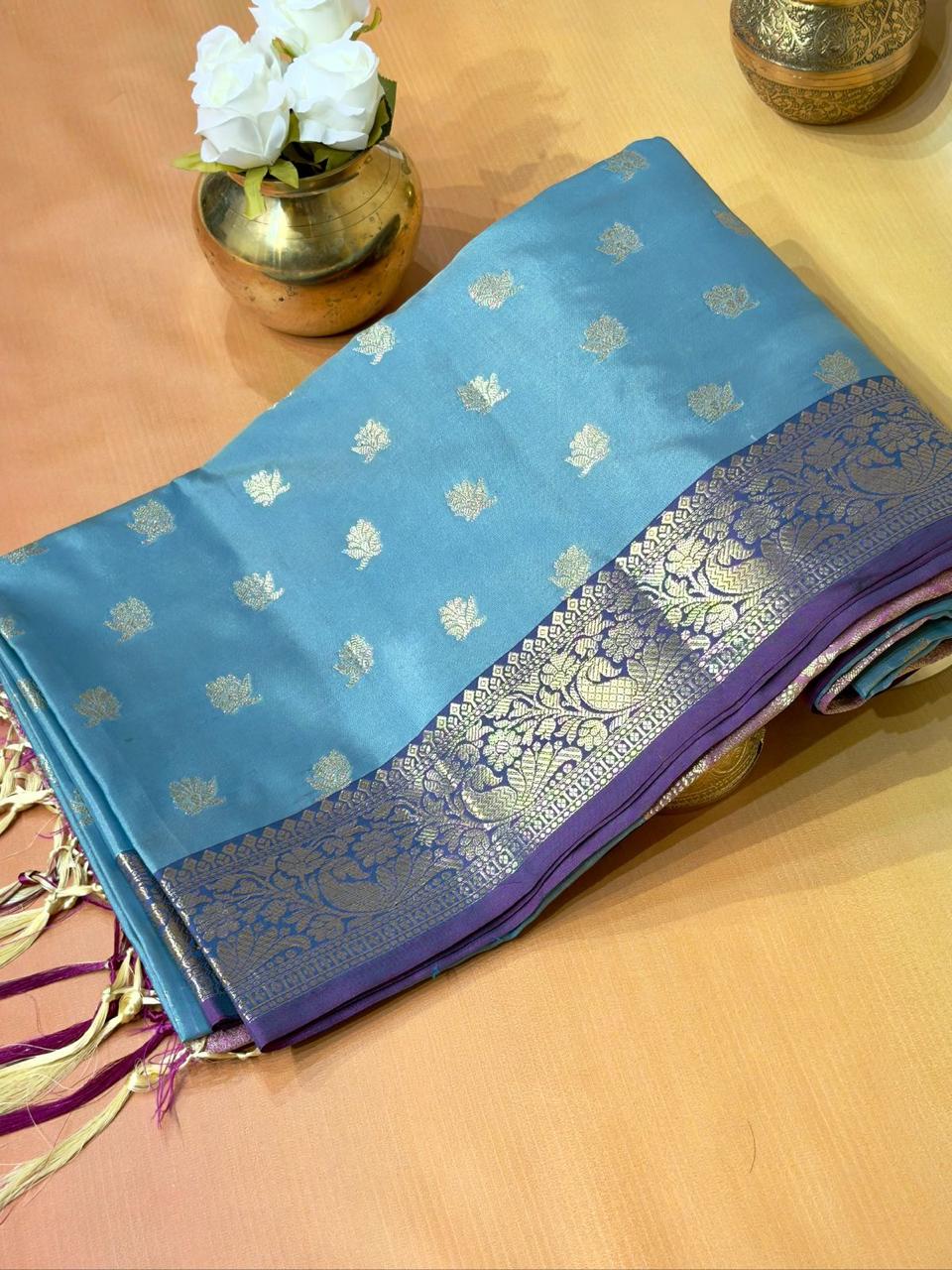 Katan Silk Saree with Contrast Border & Zari Buti Weaves