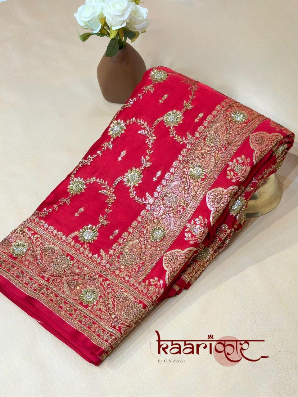 Premium Banarasi Katan Silk Saree with Heavy Zari & Swarovski Work