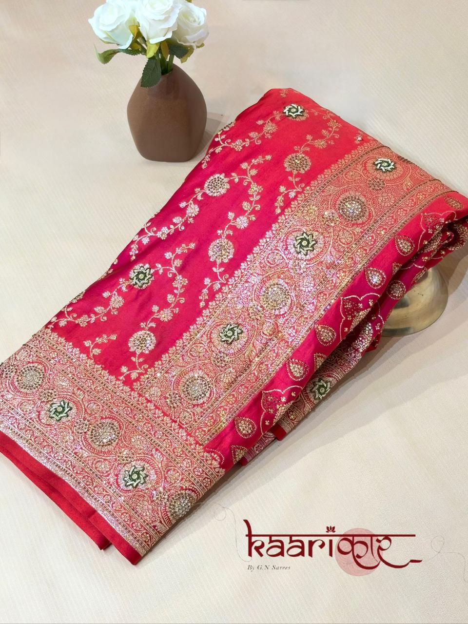 Premium Banarasi Katan Silk Saree with Heavy Zari & Swarovski Work
