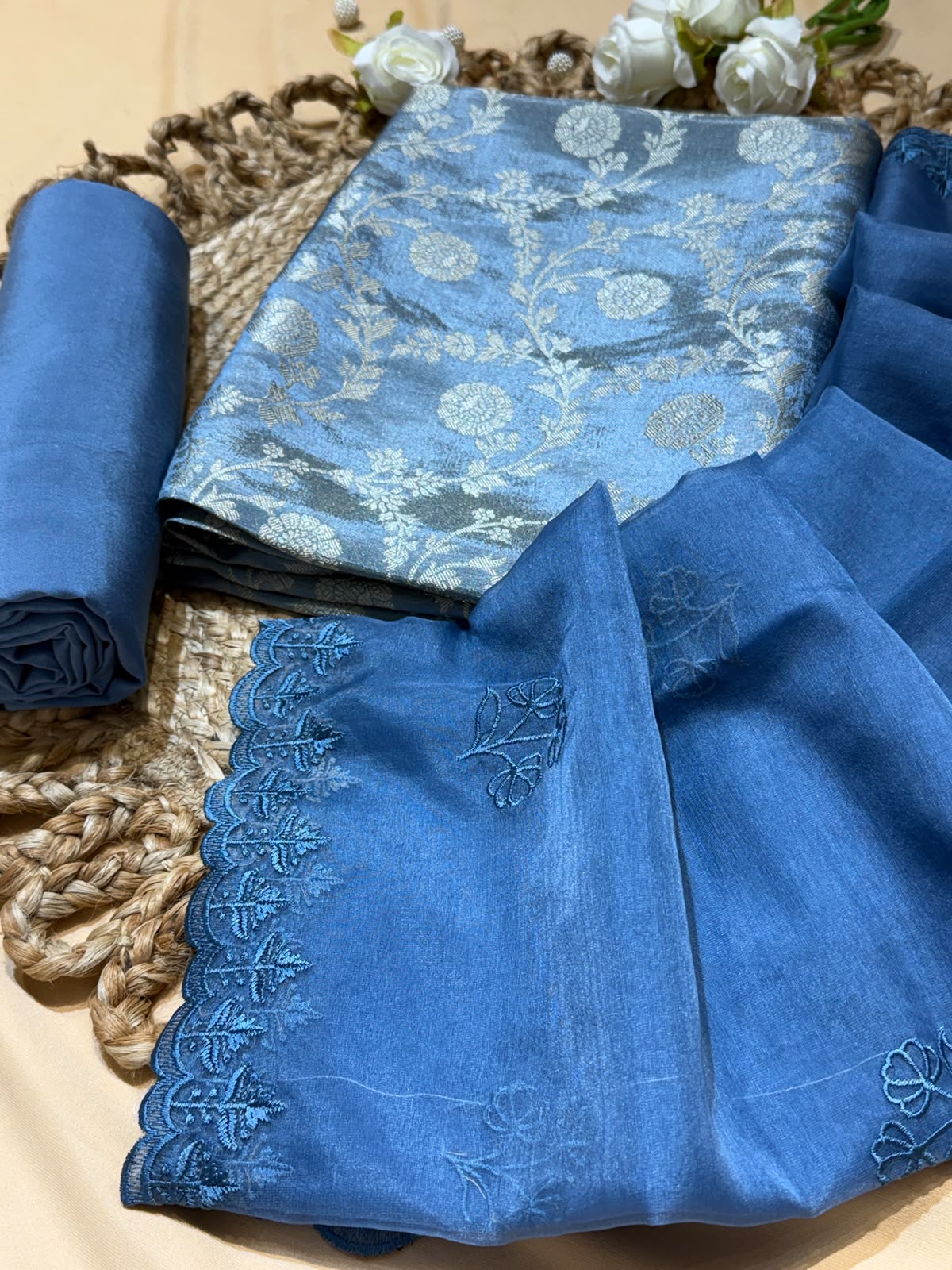 Suit Tissue Brocade with Organza Embroidered Dupatta (Unstitched)