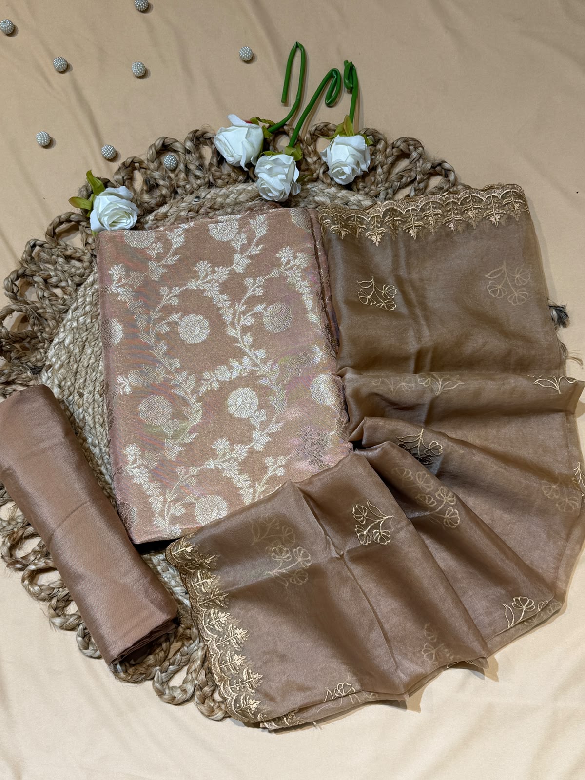 Suit Tissue Brocade with Organza Embroidered Dupatta (Unstitched)