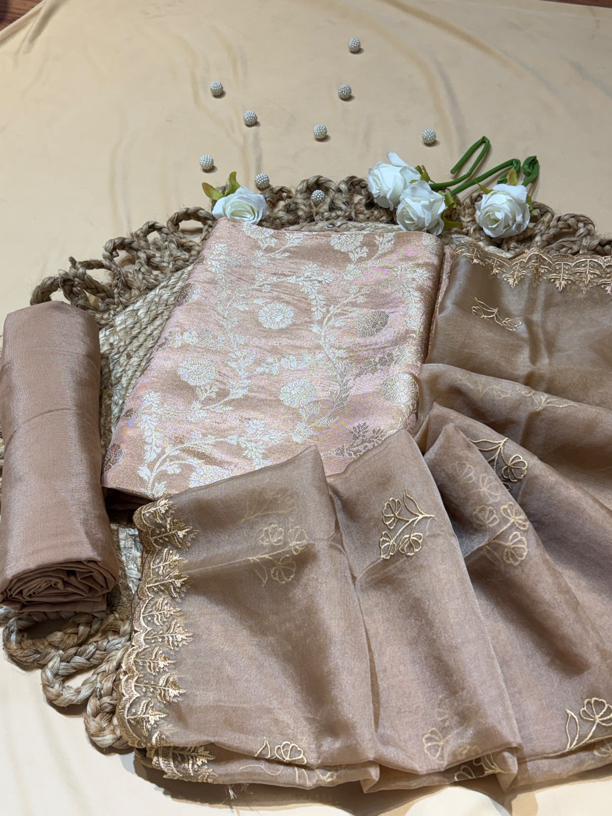 Suit Tissue Brocade with Organza Embroidered Dupatta (Unstitched)