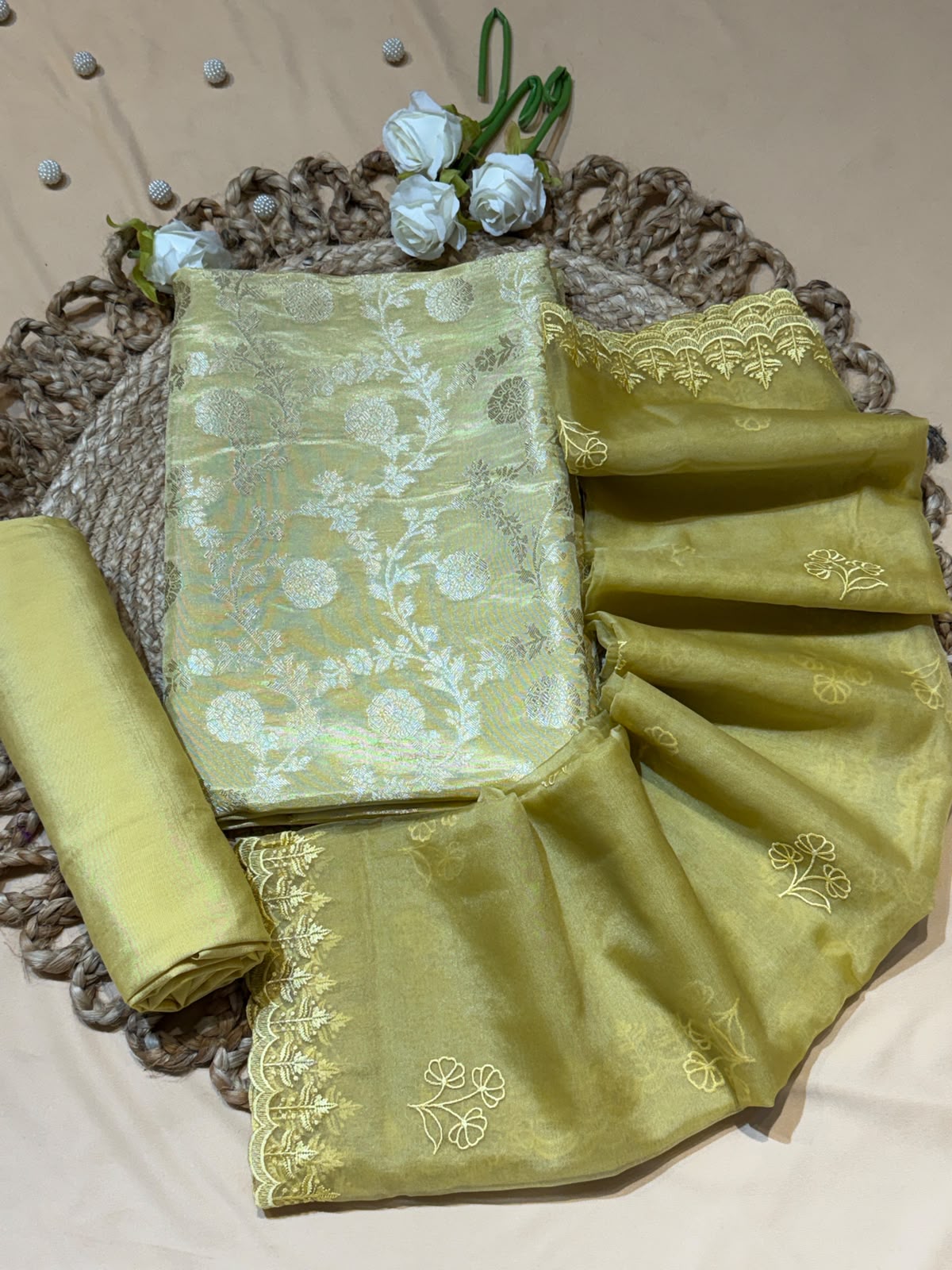 Suit Tissue Brocade with Organza Embroidered Dupatta (Unstitched)