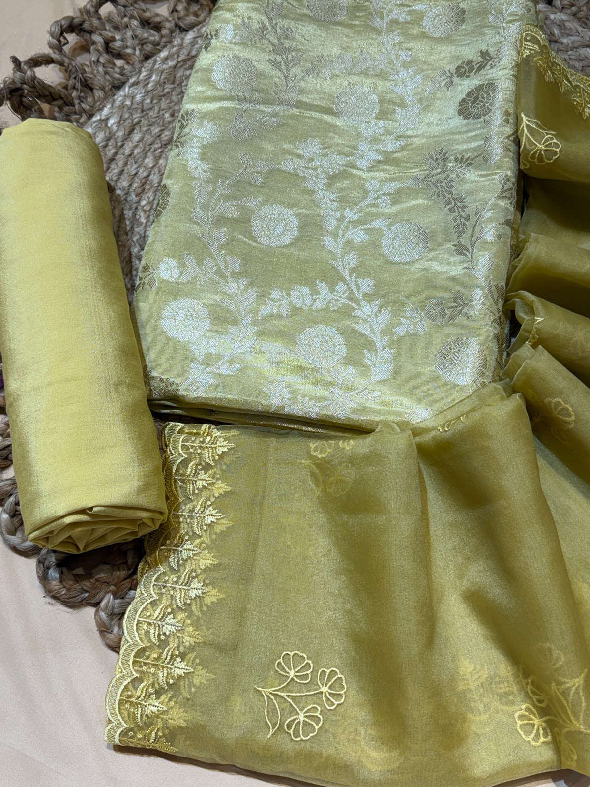 Suit Tissue Brocade with Organza Embroidered Dupatta (Unstitched)