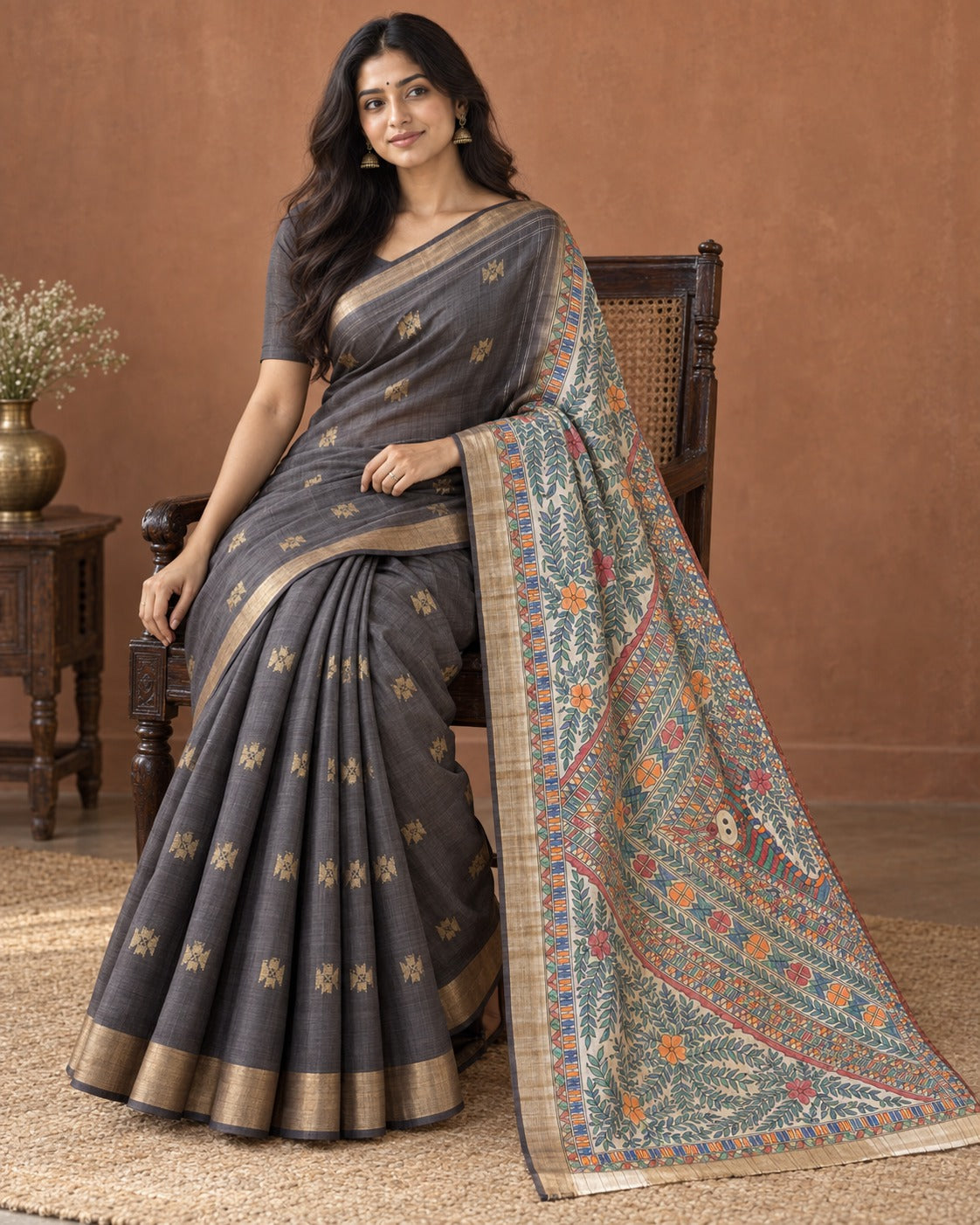 Pure Tusser Matka Madhubani Print Saree