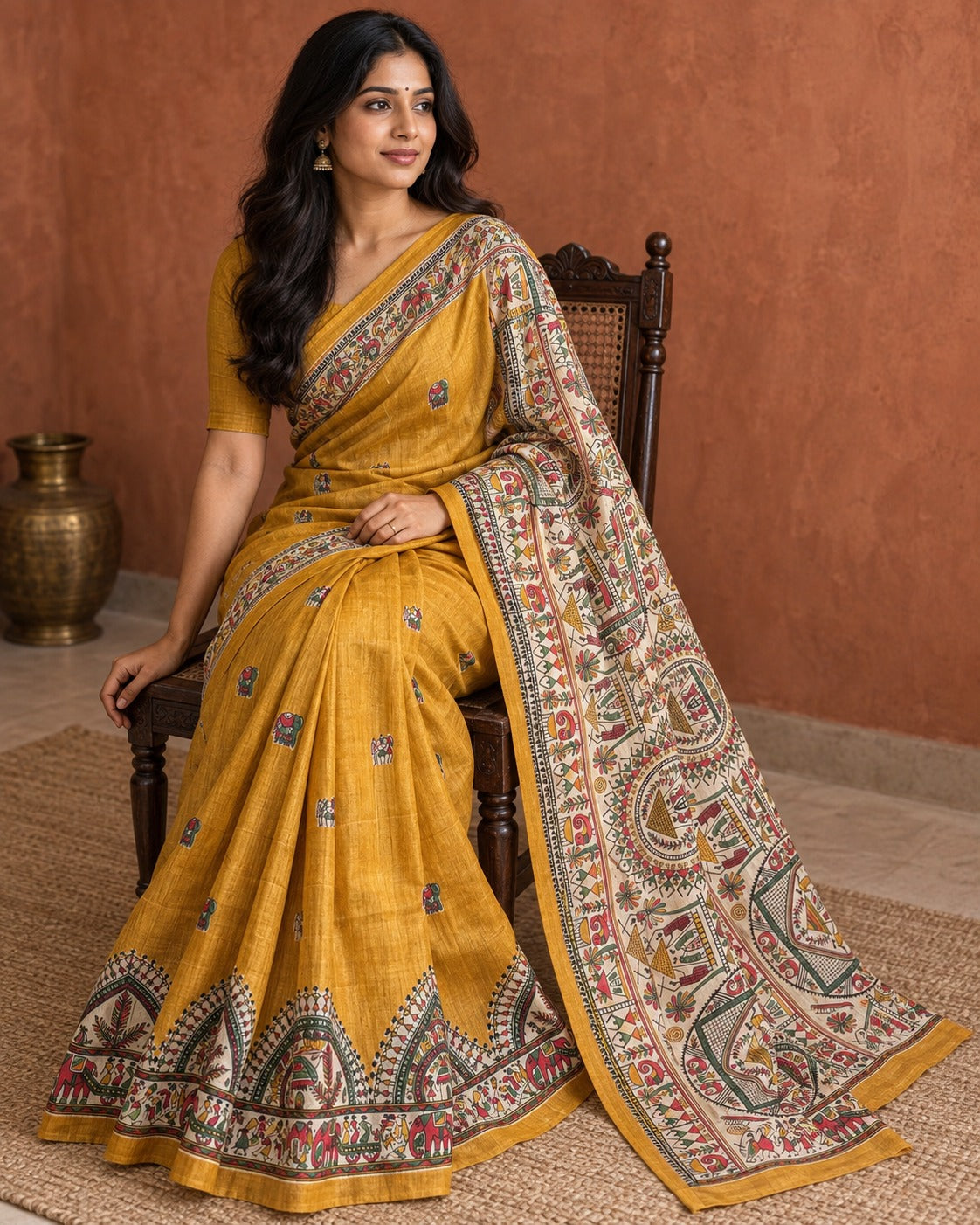 Pure Tusser Matka Madhubani Print Saree