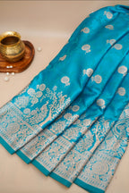 Steel Blue Mashroo Silk Saree with Zari Buti and Ornate Border