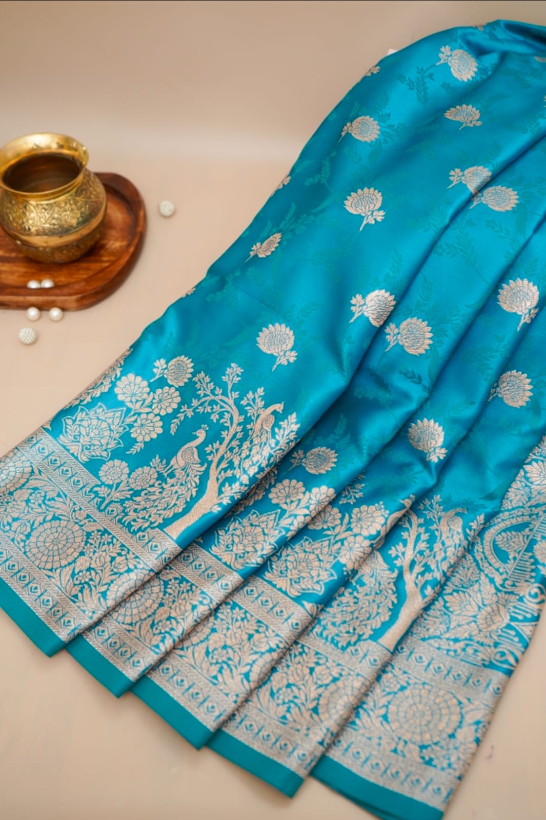 Steel Blue Mashroo Silk Saree with Zari Buti and Ornate Border
