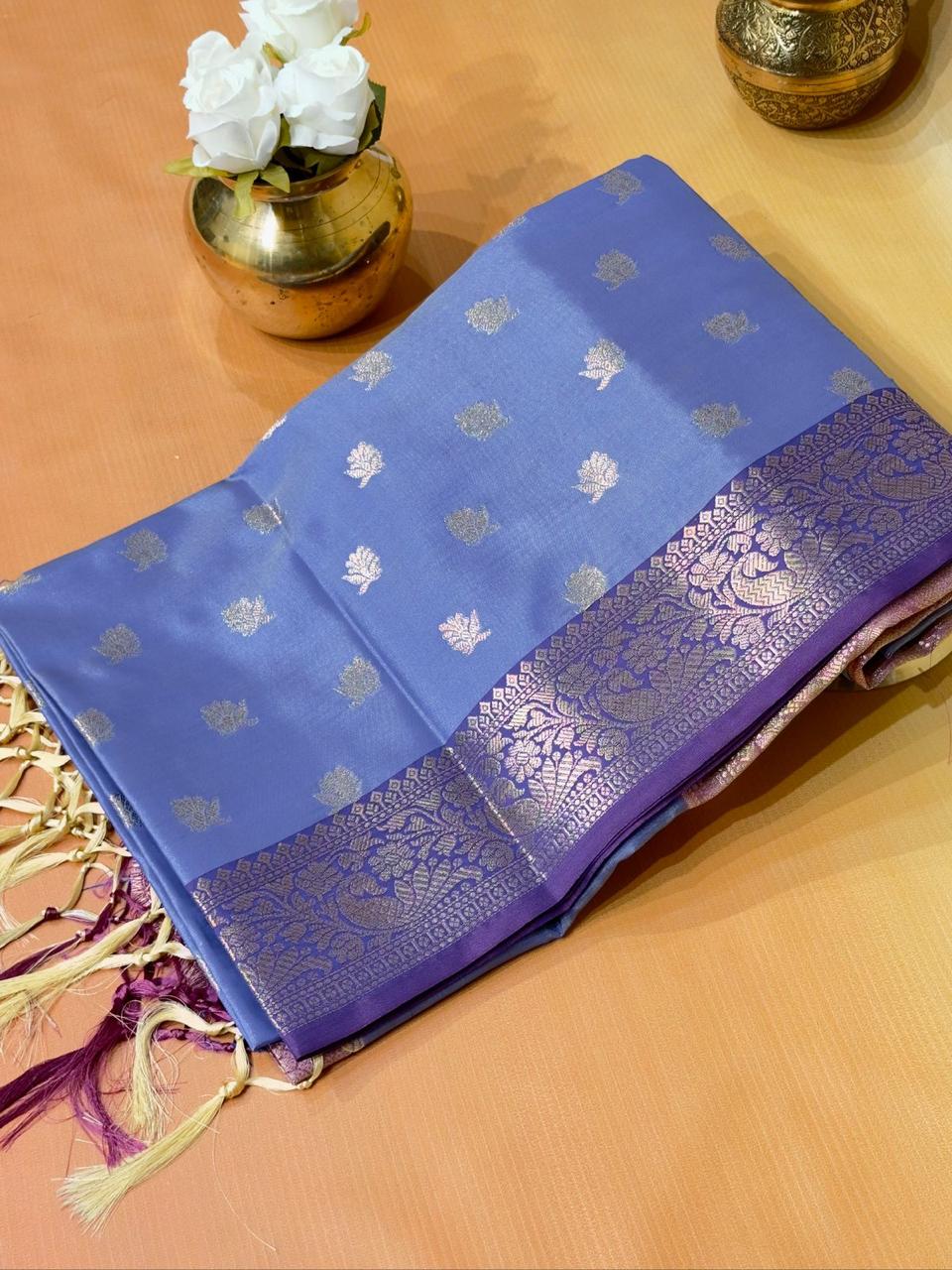 Katan Silk Saree with Contrast Border & Zari Buti Weaves