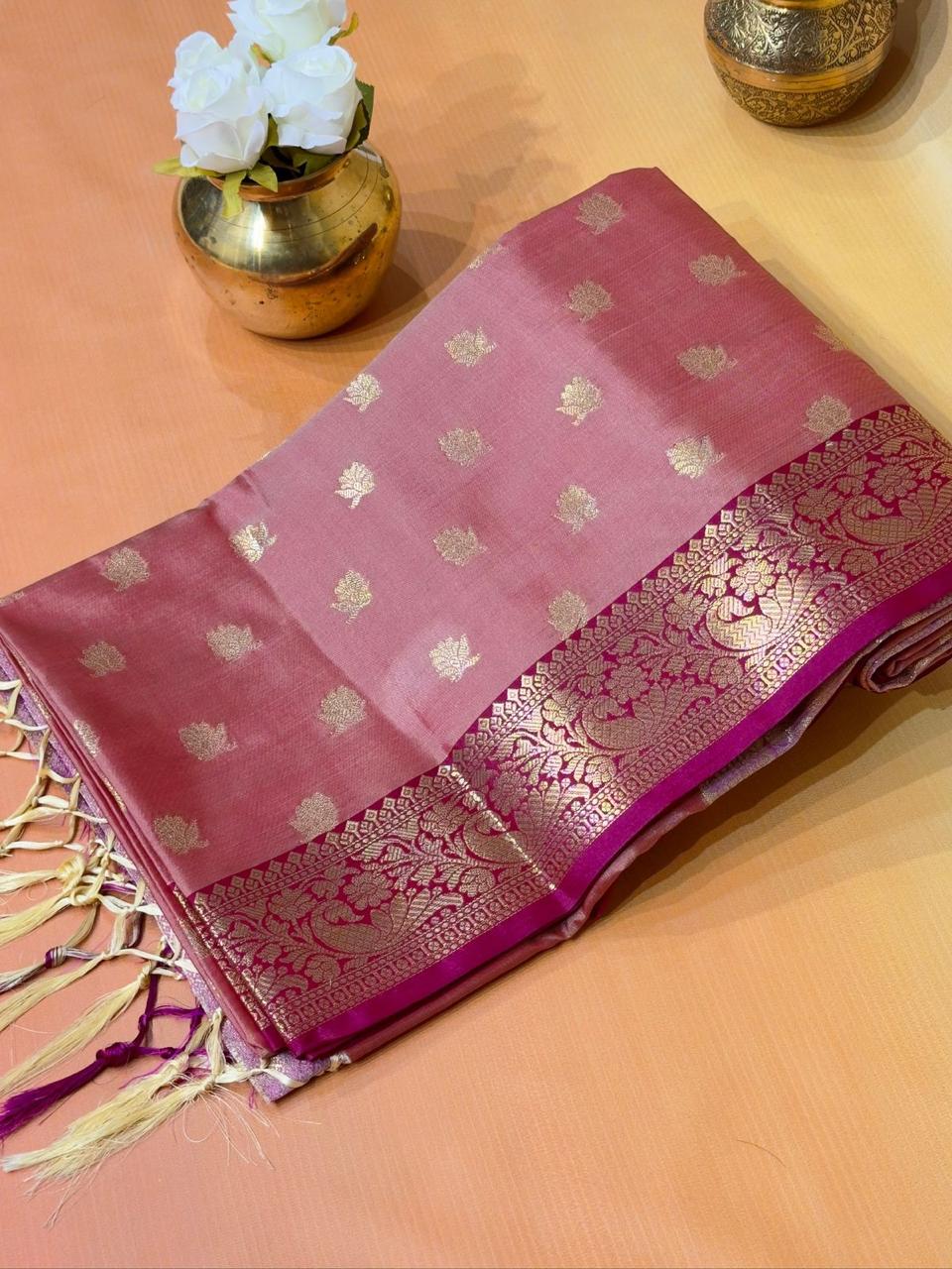 Katan Silk Saree with Contrast Border & Zari Buti Weaves