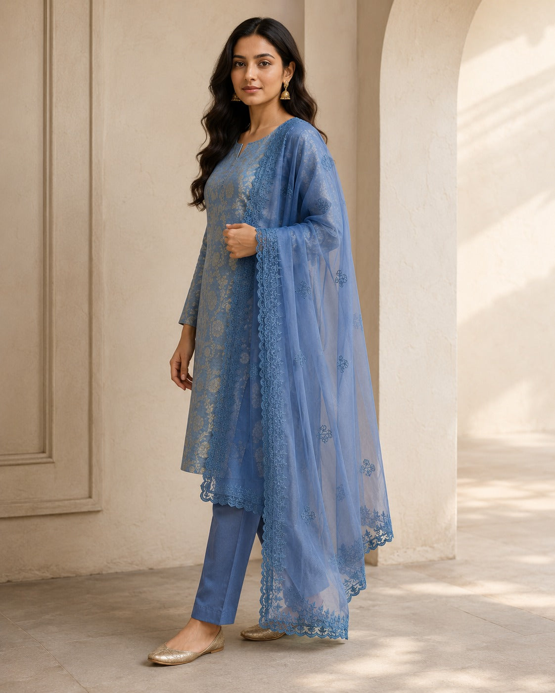 Suit Tissue Brocade with Organza Embroidered Dupatta (Unstitched)