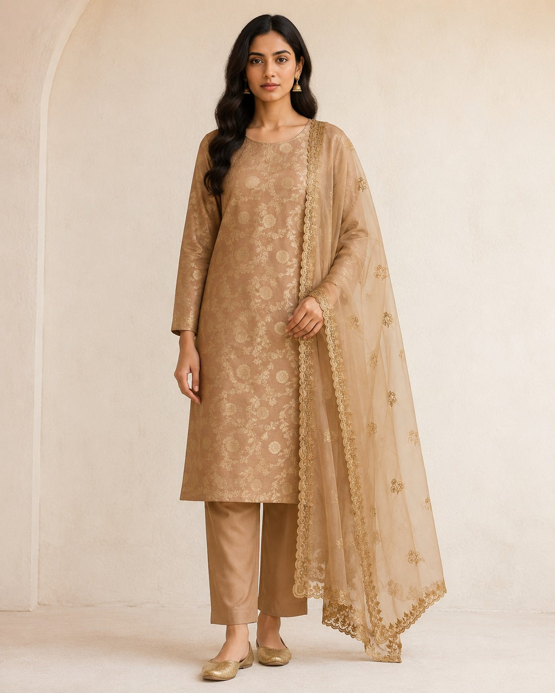 Suit Tissue Brocade with Organza Embroidered Dupatta (Unstitched)