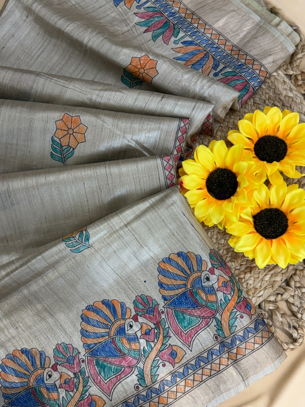 Pure Tusser Matka Madhubani Print Saree